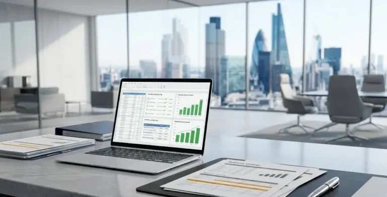 Enterprise operations manager reviewing financial charts and operational continuity logs on an ultra-slim laptop screen.