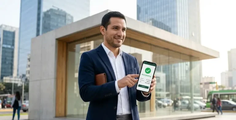 A mobile user in a busy urban space completing a secure transaction, showing how fintech functional stability drives confidence.