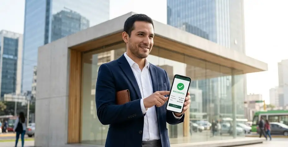 A mobile user in a busy urban space completing a secure transaction, showing how fintech functional stability drives confidence.
