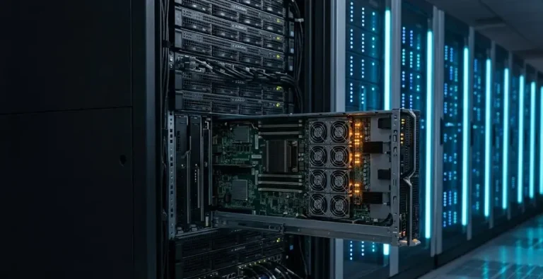 A panoramic view of an isolated server blade pulled from a data center rack, showing pulsing amber diagnostic indicators.