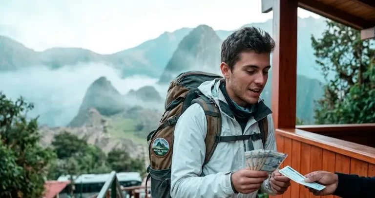 Young backpacker checking his shuttle bus ticket and Peruvian soles at the Aguas Calientes station, managing his Machu Picchu trip cost before boarding.