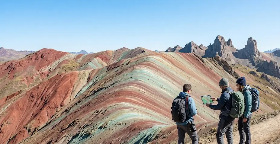 International travelers standing before multiple colorful mineral ridges at Palccoyo, evaluating tour group sizes and transportation.