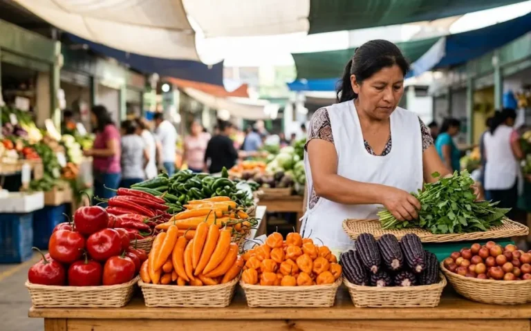 Vibrant stalls displaying fresh produce and native ingredients at the best food markets in Lima.