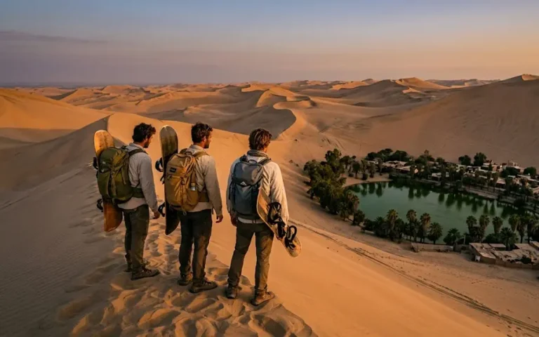 A group of travelers walking down a massive sand dune slope while visiting Huacachina oasis during the golden hour.