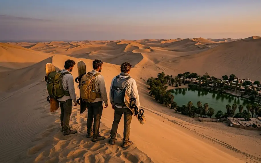 A group of travelers walking down a massive sand dune slope while visiting Huacachina oasis during the golden hour.