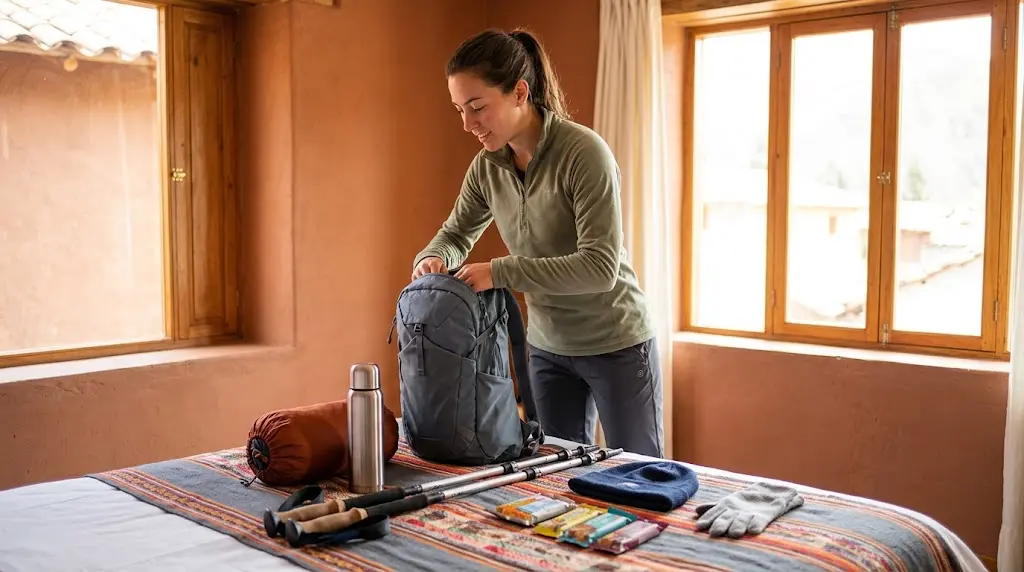 Detailed setup of humantay lake daypack essentials organized for high altitude trekking in Peru