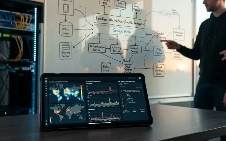 Architectural whiteboard diagrams and telemetry dashboards for legacy code UX modernization.