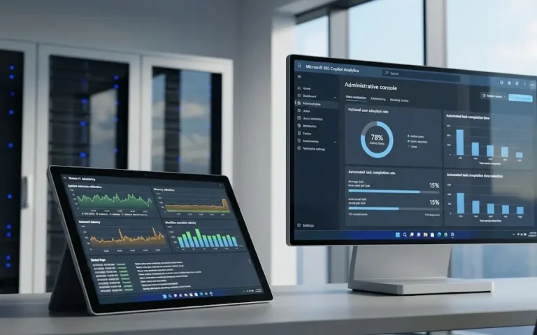 Demostración técnica de medición de Copilot workflow ROI en dashboards de telemetría y eficiencia operativa corporativa.