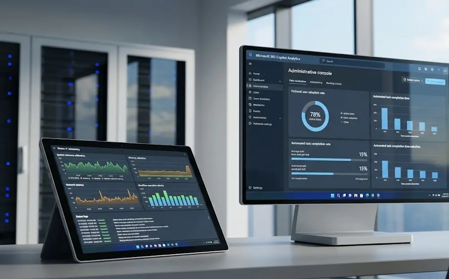 Demostración técnica de medición de Copilot workflow ROI en dashboards de telemetría y eficiencia operativa corporativa.