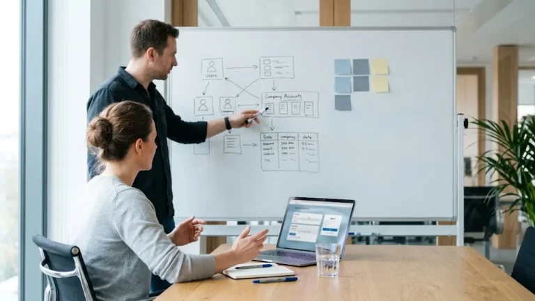 Two colleagues planning a Microsoft Power Pages B2B portal at a desk, sketching user roles and data tables next to a laptop with a portal layout