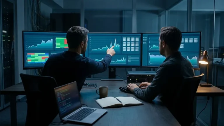 Performance engineers watching load test graphs and server metrics on large monitors, a typical task for non-functional testing companies