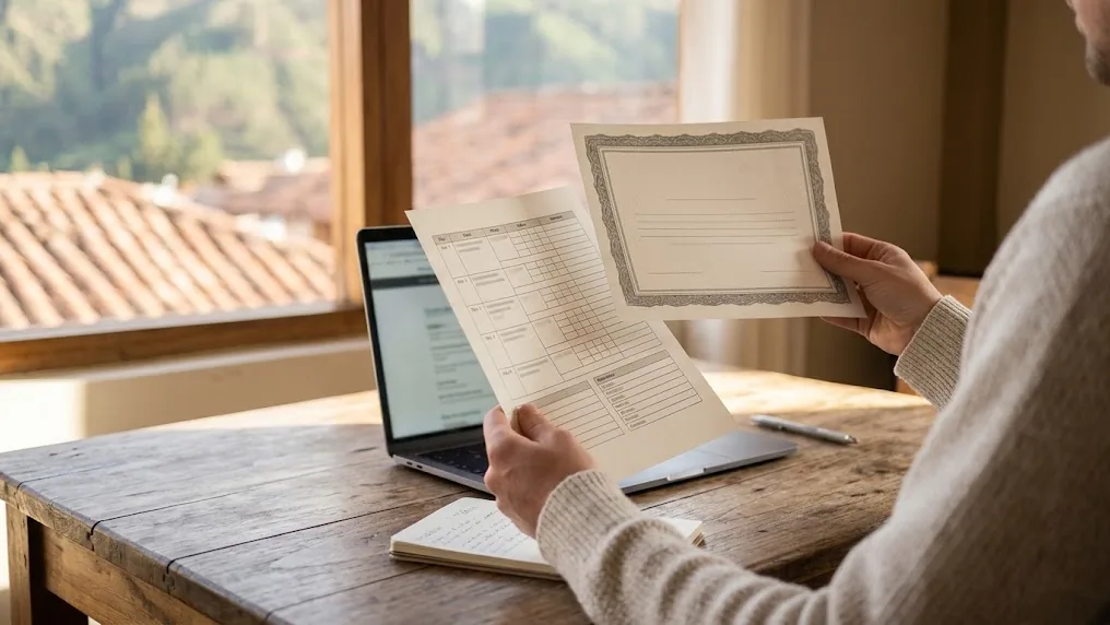 A traveler reviews an agency's registration certificate and an itinerary on a table while verifying a Cusco trekking operator before paying a deposit